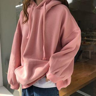 Long-sleeve Hooded Plain Loose-fit Top