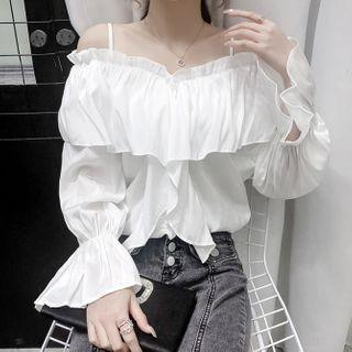 Long-sleeve Cold Shoulder Frill Trim Top