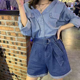 V-neck Long-sleeve Loose-fit Denim Top / Denim Shorts