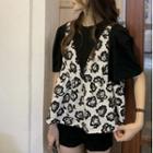 Mock Two-piece Short-sleeve Floral Blouse Black - One Size