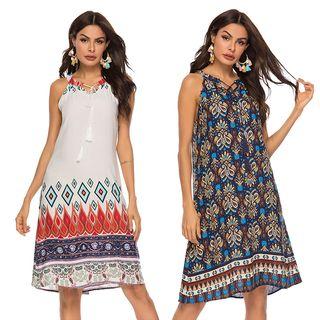 Patterned Sleeveless Tassel A-line Dress