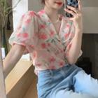 Puff-sleeve Floral Blouse Light Pink - One Size