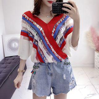 Sequined Striped V-neck Elbow Sleeve Knit Top