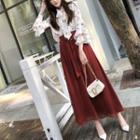 Set: Flower Print Flared-sleeve Blouse + Maxi A-line Skirt