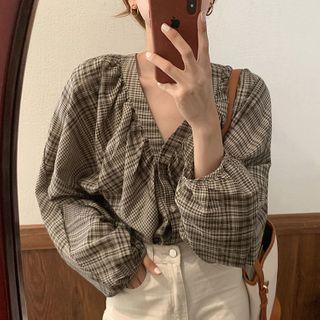 Twisted Plaid Blouse As Shown In Figure - One Size