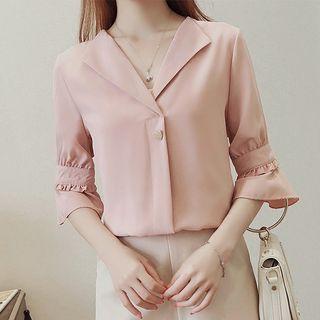Short-sleeve Lapel Collar Chiffon Blouse