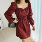 Belted Two-way Balloon-sleeve Shirred Dress