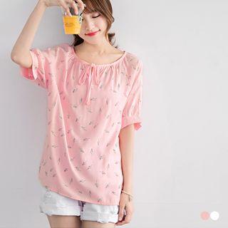 Feather Print Self-tie Peasant Top