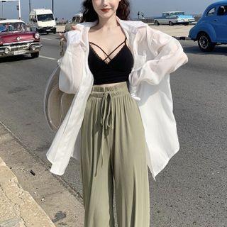 Oversized Long-sleeve Shirt / Drawstring Wide-leg Pants / Cross Strap Camisole Top