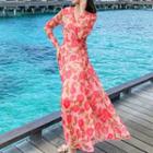 Long-sleeve Floral Print Wrap Chiffon Maxi Dress
