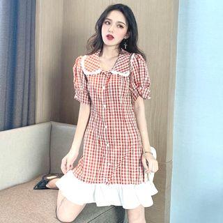 Puff-sleeve Single Breast Plaid Ruffle Trim Dress