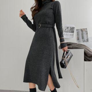 Napped Turtleneck Dress With Belt