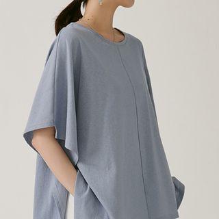 Side-slit Elbow-sleeve T-shirt Blue - One Size