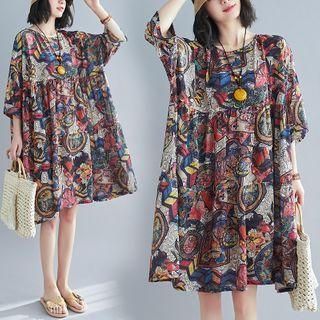 3/4-sleeve Print Dress Blue & Red & Gray - One Size