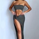 Strapless Cut-out Side-slit Midi Sheath Dress