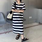 Short-sleeve Color-block Stripe Dress Stripe - One Size