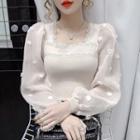 Mesh Sleeve Lace Trim Knit Top