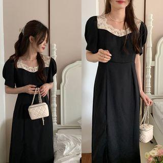 Short-sleeve Lace Trim Midi Sheath Dress Black - One Size