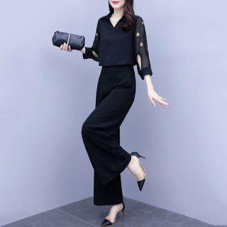 Set: 3/4-sleeve Floral Embroidered Blouse + Wide Leg Dress Pants