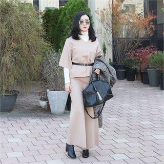 Set: Elbow-sleeve Top With Belt + Knit Pants