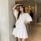 Elbow-sleeve Lace Trim Buttoned A-line Mini Dress White - One Size