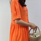 Linen Blend V-neck Buttoned A-line Dress