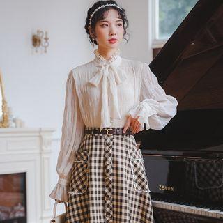 Set: Long-sleeve Tie-neck Blouse + Check Midi A-line Skirt