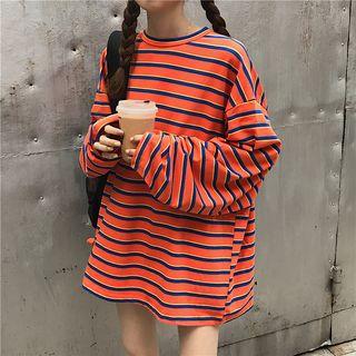 Long-sleeve Striped Long T-shirt Tangerine - One Size