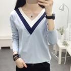 Long-sleeve Color Block V-neck T-shirt