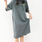Lettering Hood Elbow-sleeve T-shirt Dress