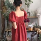 V-neck Short-sleeve A-line Dress Brown Red - One Size