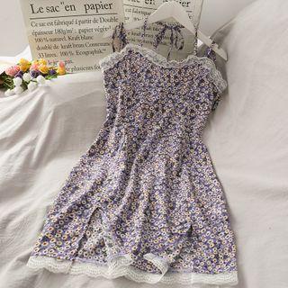 Lace-trim Daisy-print Sleeveless Mini Dress