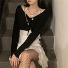 Long-sleeve Plain Halter Top / Lace Trim Camisole / Asymmetrical Lace Trim Layer Mini Skirt