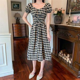 Puff-sleeve Drawstring Plaid Dress