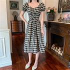 Puff-sleeve Drawstring Plaid Dress