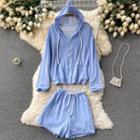 Set Of 2: Long-sleeve Hooded Sweatshirt Jacket + Drawstring Wide-leg Shorts
