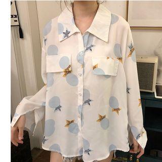 Long-sleeve Printed Chiffon Shirt Blue Flower - White - One Size