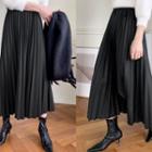 Faux-leather Pleated Long Skirt Black - One Size
