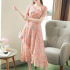 Wrap-front Ruffle-trim Floral Long Dress Pink - One Size