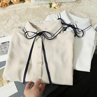 Ribbon-neckline Plain Loose Shirt