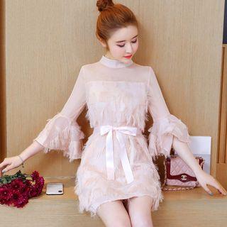 Fringed Trim Flared-sleeve Mini A-line Dress