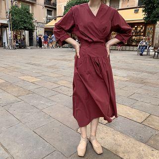 Long-sleeve Tie Waist Plain Dress