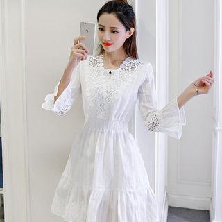 Bell Sleeve Frilled Trim Lace A-line Dress