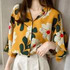 Floral Printed Elbow-sleeve Chiffon Blouse