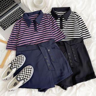 Set: Short-sleeve Striped T-shirt + High-waist Plain Skort