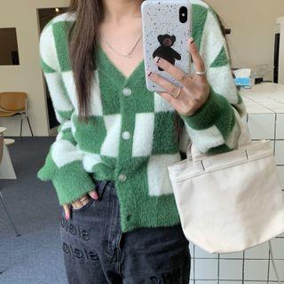 V-neck Color Block Plaid Long-sleeve Cardigan