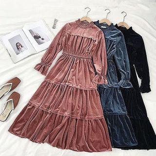 Plain Velvet Ruffled-trim Flare-sleeve Midi Dress