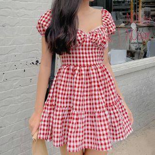 Puff-sleeve Square-neck Ruched Plaid Dress