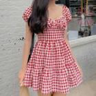 Puff-sleeve Square-neck Ruched Plaid Dress