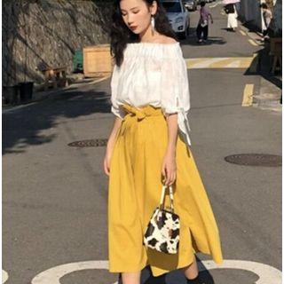 Off-shoulder Elbow-sleeve Blouse / Ruffle Midi Skirt